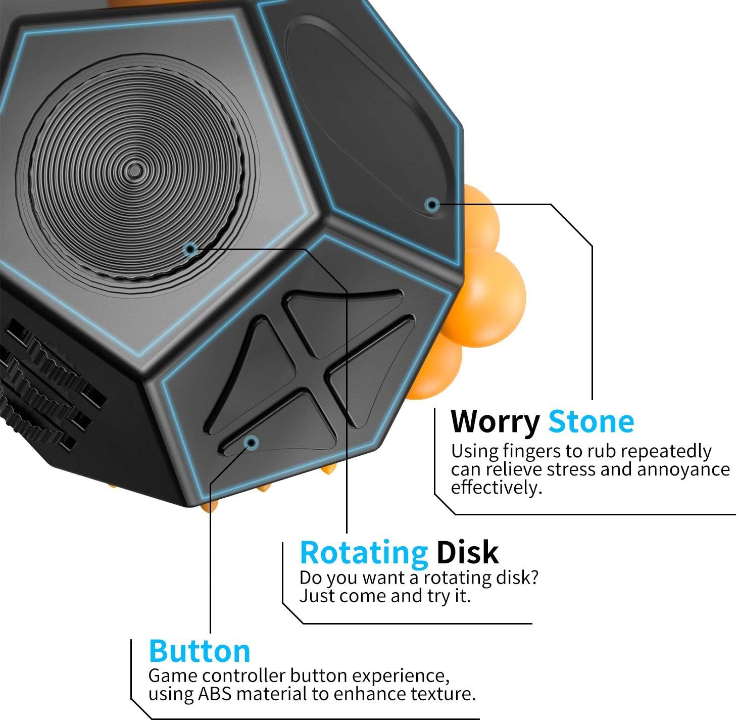 Amazon Com Atic 12 Sided Fidget Cube Fidget Twiddle Cube Dodecagon Stress Relief Hand Toy Decompression For Add Adhd Autism Kids And Adults Black Orange Toys Games