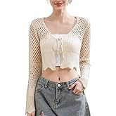 YZYIZHI Women's Lightweight Summer V-Neck Tie Front Cropped Cardigan Bell Long Sleeve Crochet Knit Open Front Top