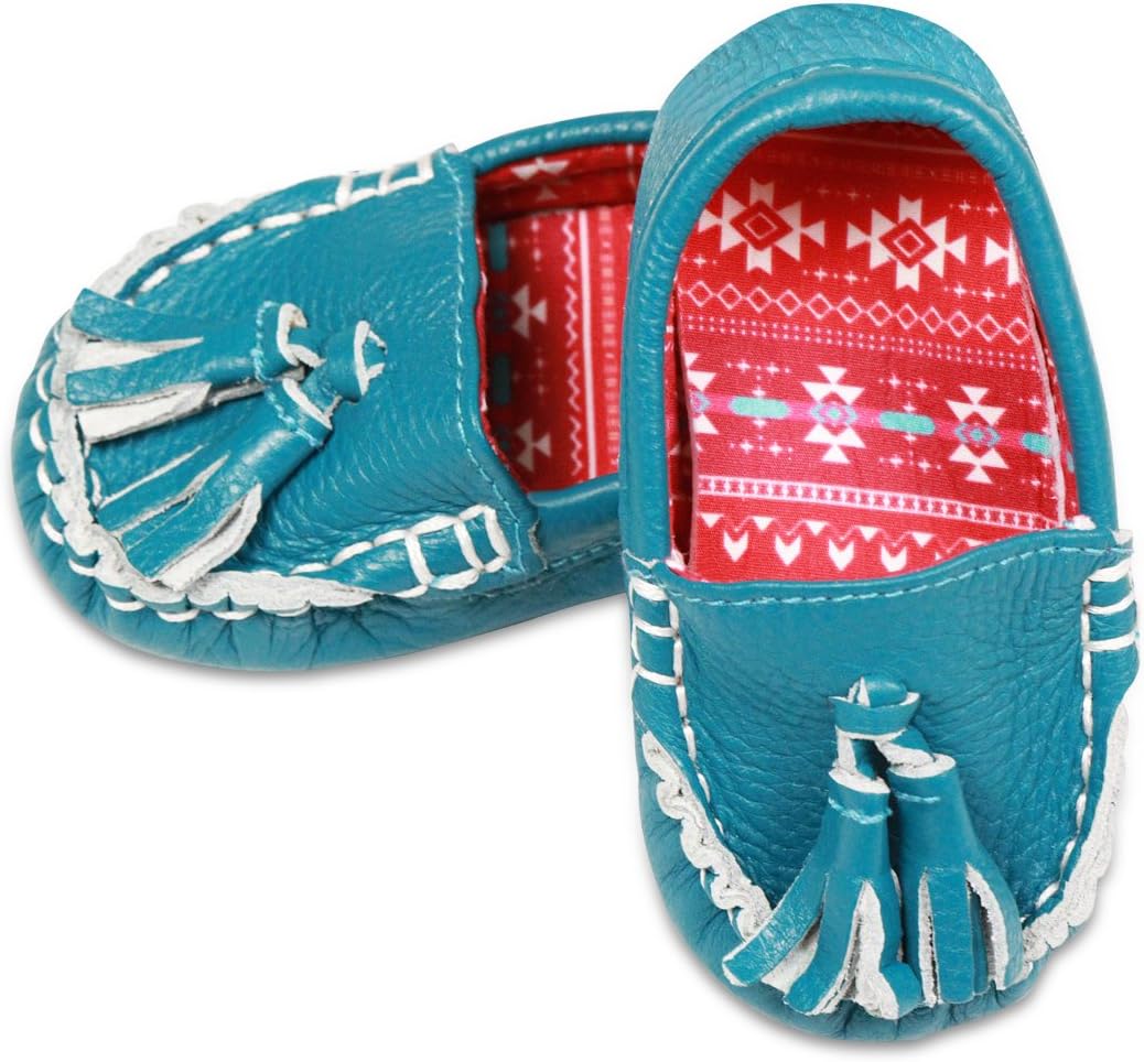 Little Monkey {Tribal Teal} Leather & Fabric Lined Moccasin Infant Baby Newborn Boy Girls Shoes Baby Moccs (0-6 Months)