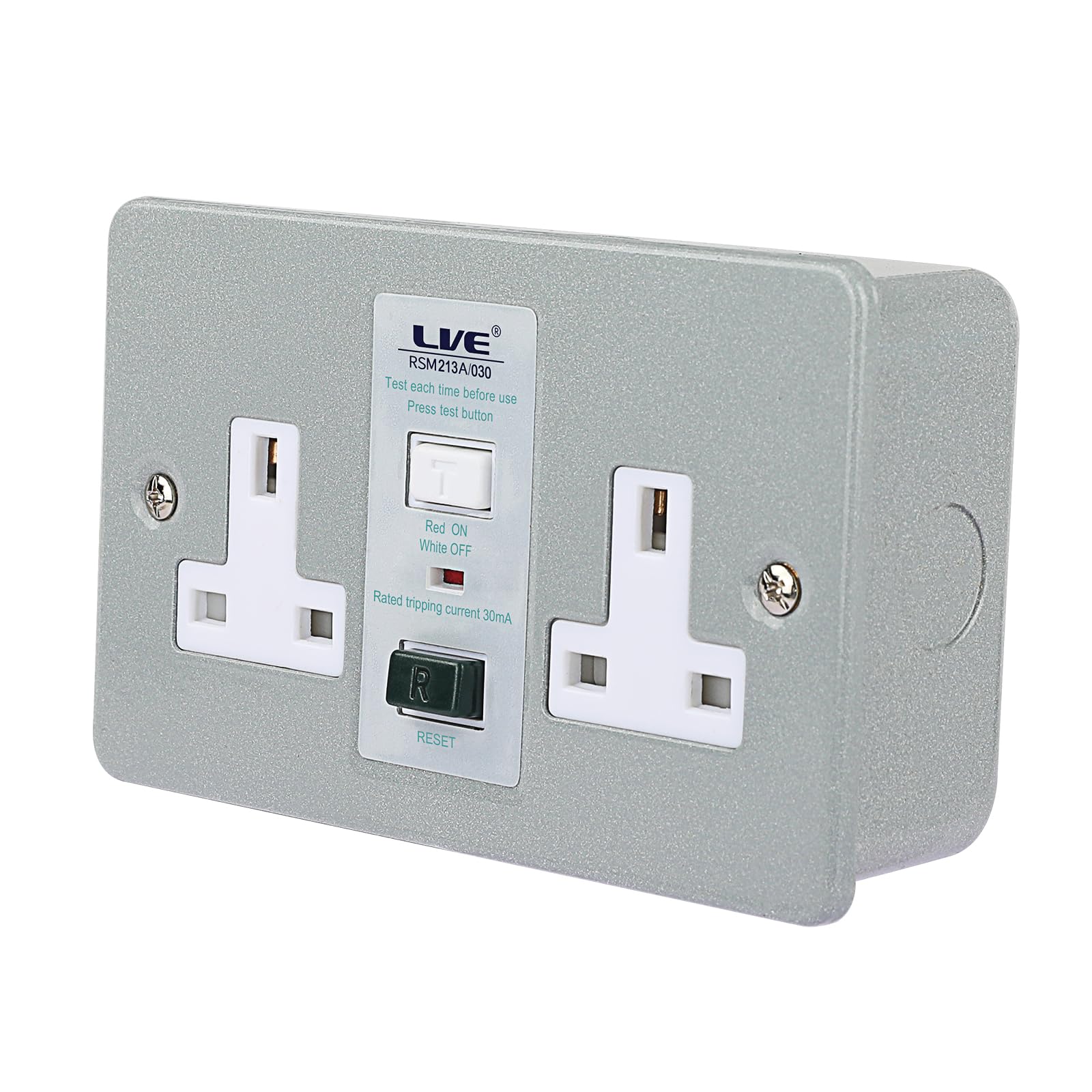 L LVE Metal Clad Electric Outlet,13A 2Gang RCD Protected Socket,30mA Trip Current,146mm*86mm Grey