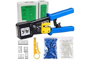 Solsop RJ45 Crimp Tool Kit Pass-Through Cat5 Cat5e Cat6 Crimping Tool for RJ45/RJ12 Regular and End-Pass-Through Connectors with Network Cable Tester, 50PCS Pass Through Cat6 Modular Plug, 50PCS Boots
