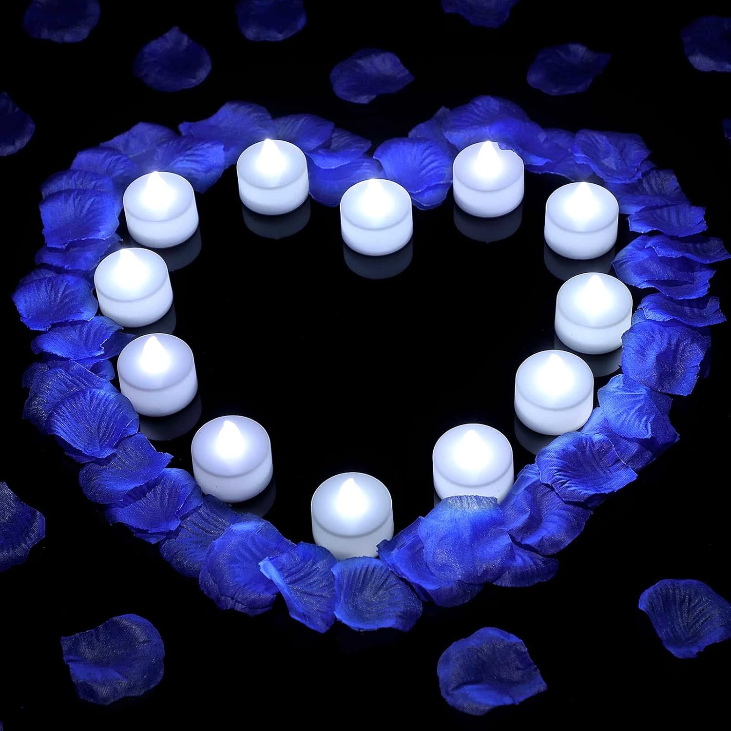 500 Pieces Artificial Fake Rose Petals with 12 Pieces Flameless LED Tea Lights Candles for Romantic Night, Valentine's Day Wedding Flower Decoration Anniversary Honeymoon (Blue Petal, White Tea Light)