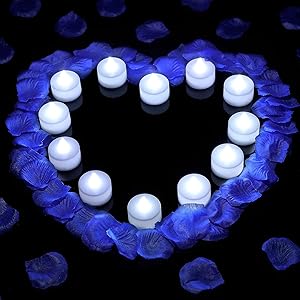 500 Pieces Artificial Fake Rose Petals with 12 Pieces Flameless LED Tea Lights Candles for Romantic Night, Valentine's Day Wedding Flower Decoration Anniversary Honeymoon (Blue Petal, White Tea Light)