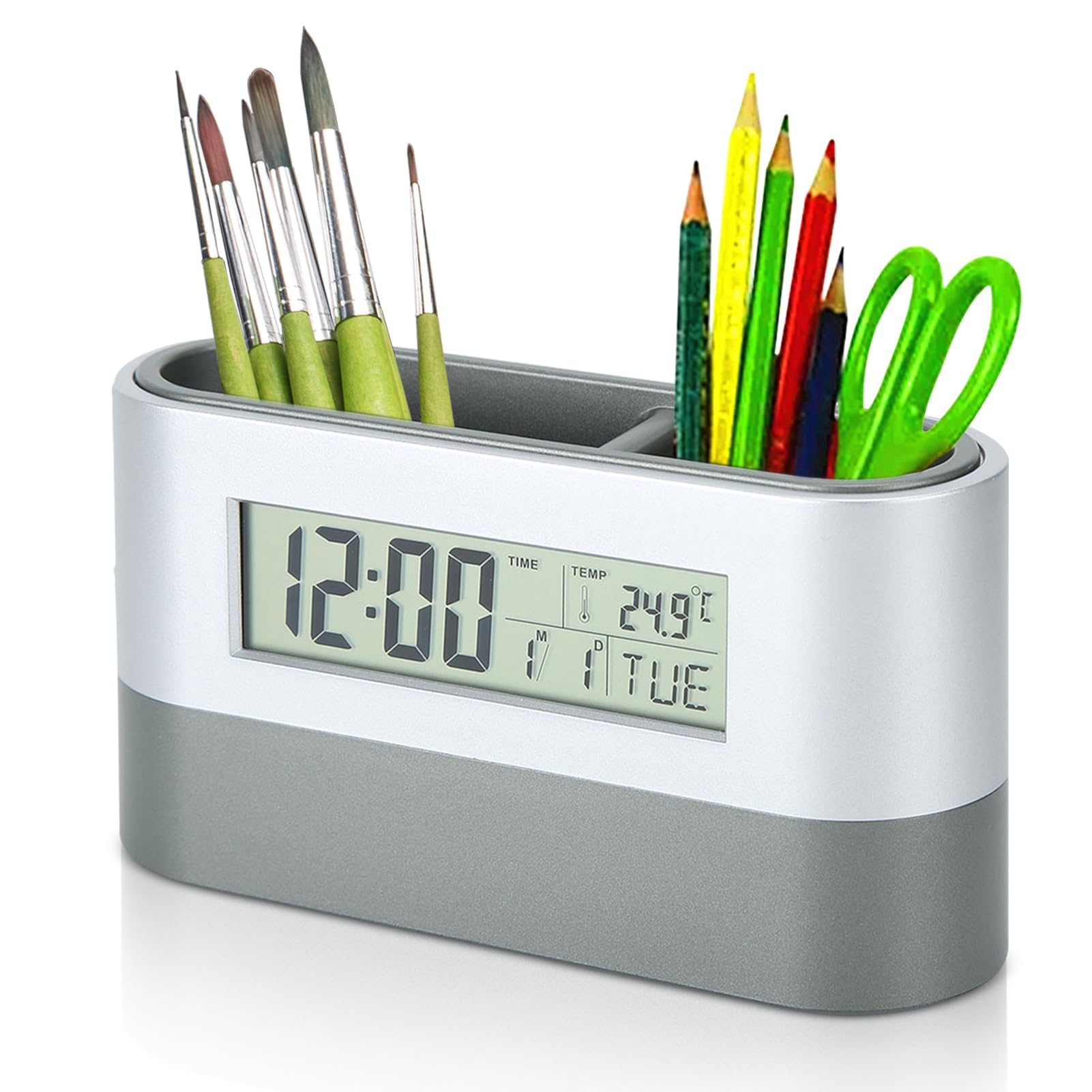 HERCHR Multifunctional Electronic Clock Pen Holder for Desk,Digital Clock LCD Digital with Perpetual Calendar Temperature Display 5.9x1.9x3.2in Desktop Storage Organizer Office Student Adult
