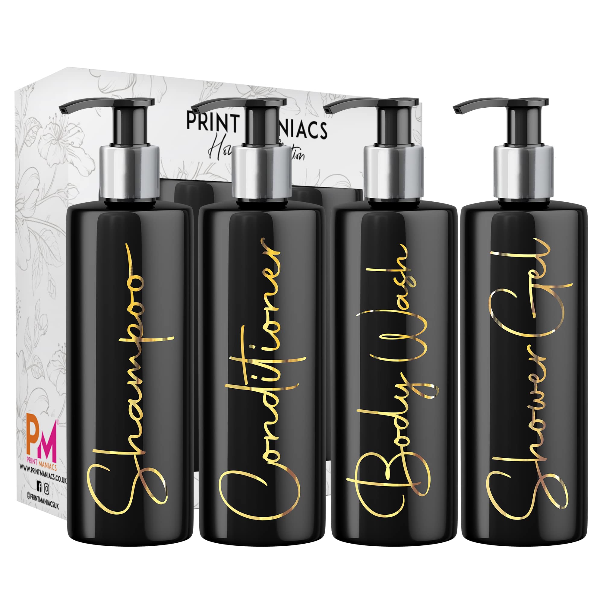 Print Maniacs Mrs Hinch Inspired Black Personalised Dispenser Silver Pump Bottles Shower Gel Set(GOLD, F2)