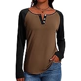 IECCP Long Sleeve Shirts for Women Casual Henley Tops Loose Fit Tshirt Dressy Color Block V Neck Button Womens Tunic Blouse