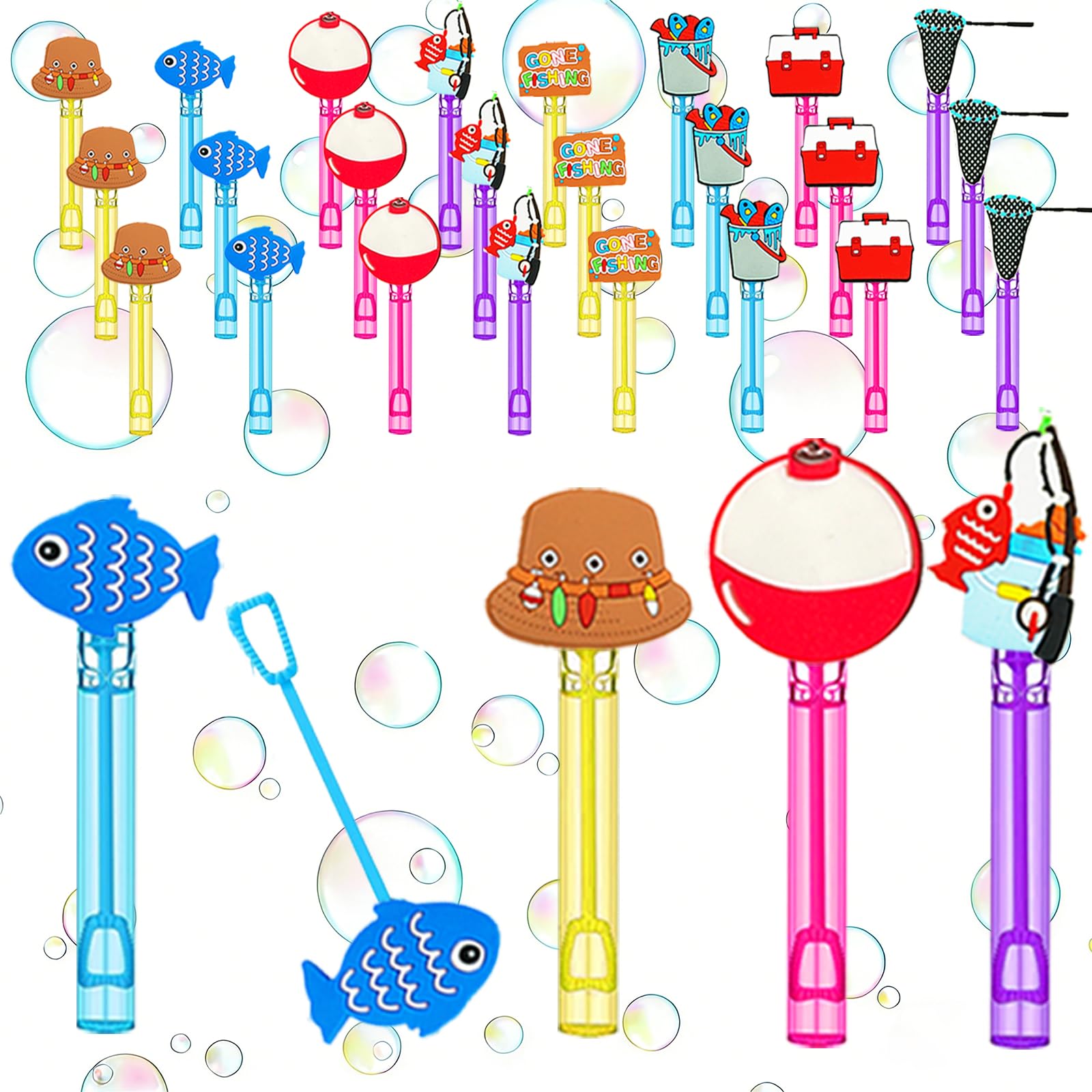 Photo 1 of 24 Pcs Fishing Theme Bubble Wands - Fish, Tackle Box & Fishing Hat Themed Bubble Makers, Piñata Stuffers & Goodie Bag Fillers for Fishing Parties, Backyard Derbies, 4th of July & Outdoor Gatherings