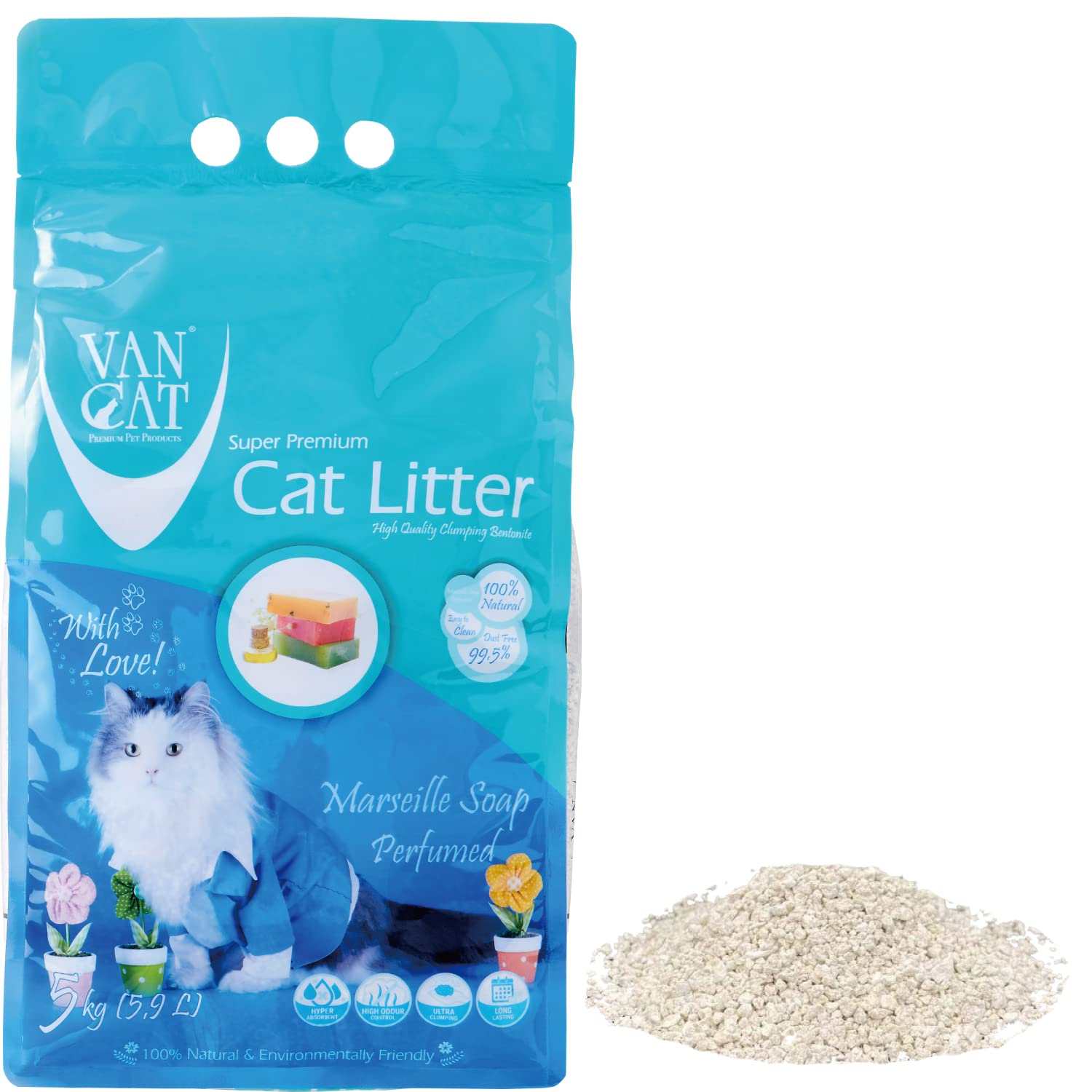【OFT】 VAN CAT マルセイユソープ 5kg(5.9L) 爽やかな石鹸の香り白い 猫砂 固まる 香る フレグランス ビニールのパッケージ トイレ砂 鉱物 ベントナイト 上品な香り 芳香 小粒 砂の粒のサイズ：0.6～2.25mm の商品画像