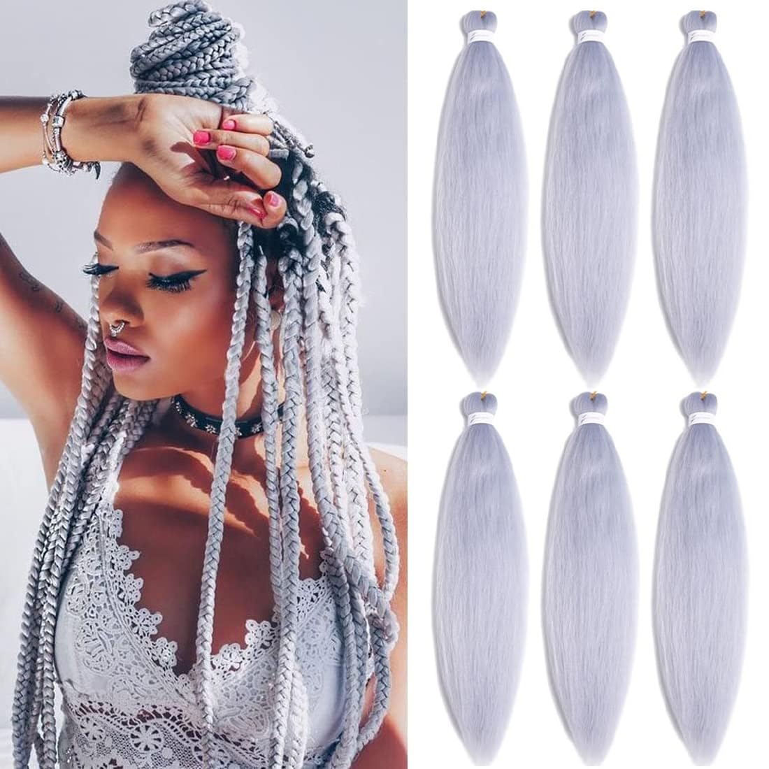 Pre Stretched Braiding Hair Silver Braiding Hair Extensions For Braids 26 Inch 6 Packs Yaki Textured Crochet Synthetic Hot Water Setting Crochet Extensions (26 Inch, Silver#)