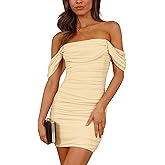 PRETTYGARDEN Cocktail Dresses 2026 Summer Off Shoulder Sexy Bodycon Ruched Mesh Graduation Wedding Guest Mini Short Dress