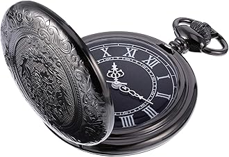 HicarerMen's Quartz Pocket Watch with Black Dial and Chain
