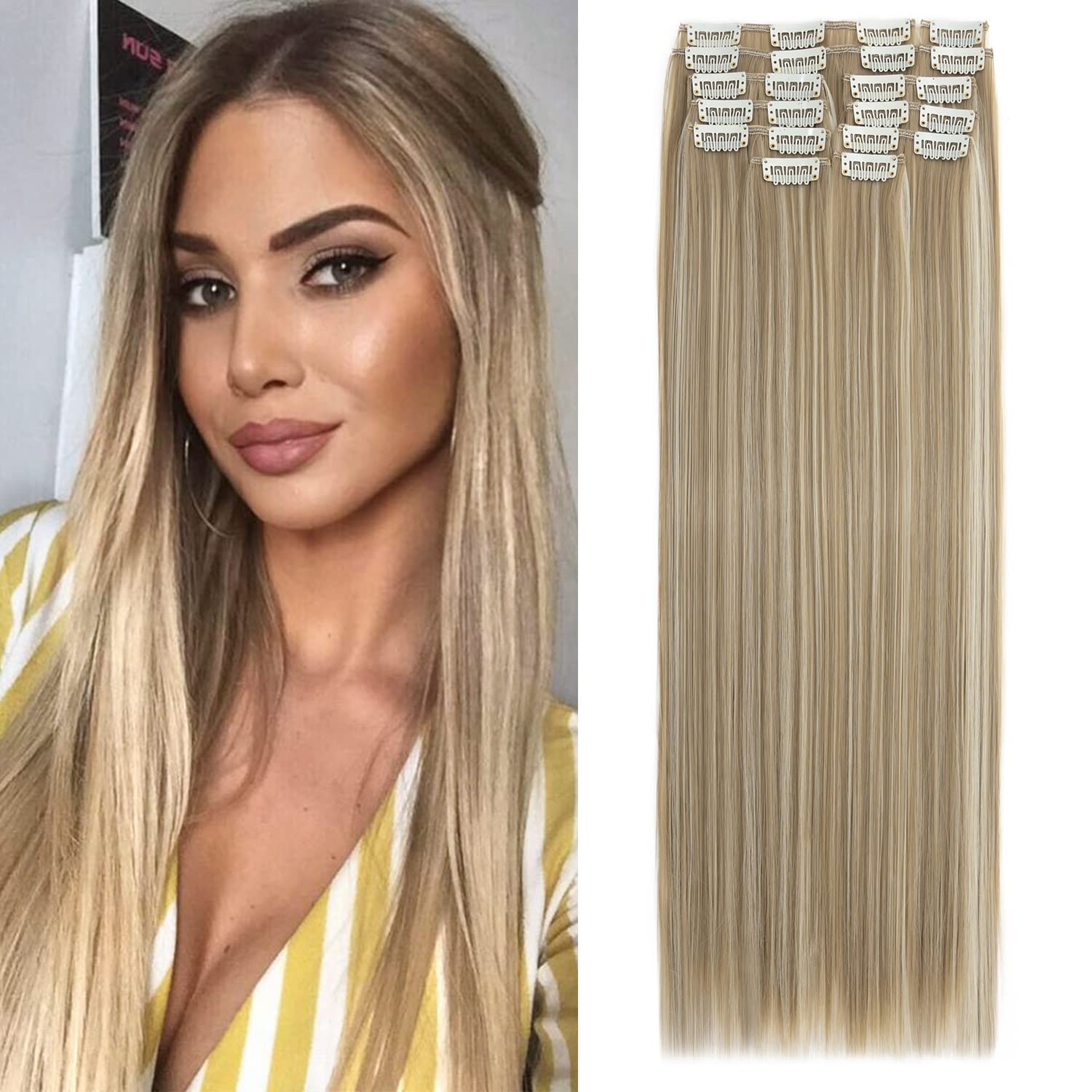 S-Noilite 22 Inches Long Straight Hair Extensions Clip in Full Head 12PCS Hair Extensions Clip on Synthetic Fiber Hairpieces for Women - Sandy Blonde mix Light Blonde โ image 1