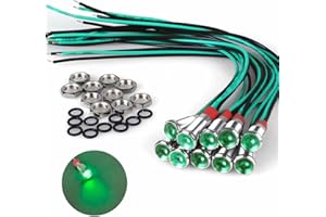 DMWD 10Pcs 6mm (1/4") Energy Saving LED Indicator Light 110V-220V 20mA Metal Waterproof Wide Flat Head Signal Lamp Pilot Dash Directional with Wire （Green LED 10Pcs）