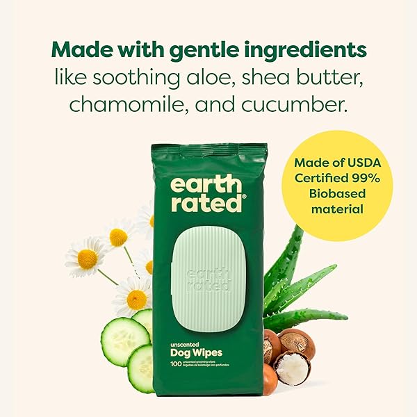 EARTH RATED PET WIPES FOR DOGS AND CATS, HYPOALLERGENIC, CLEANING AND HYDRATING, FOR GROOMING PAWS, BODY AND BUTT, UNSCENTED, 100 COUNT