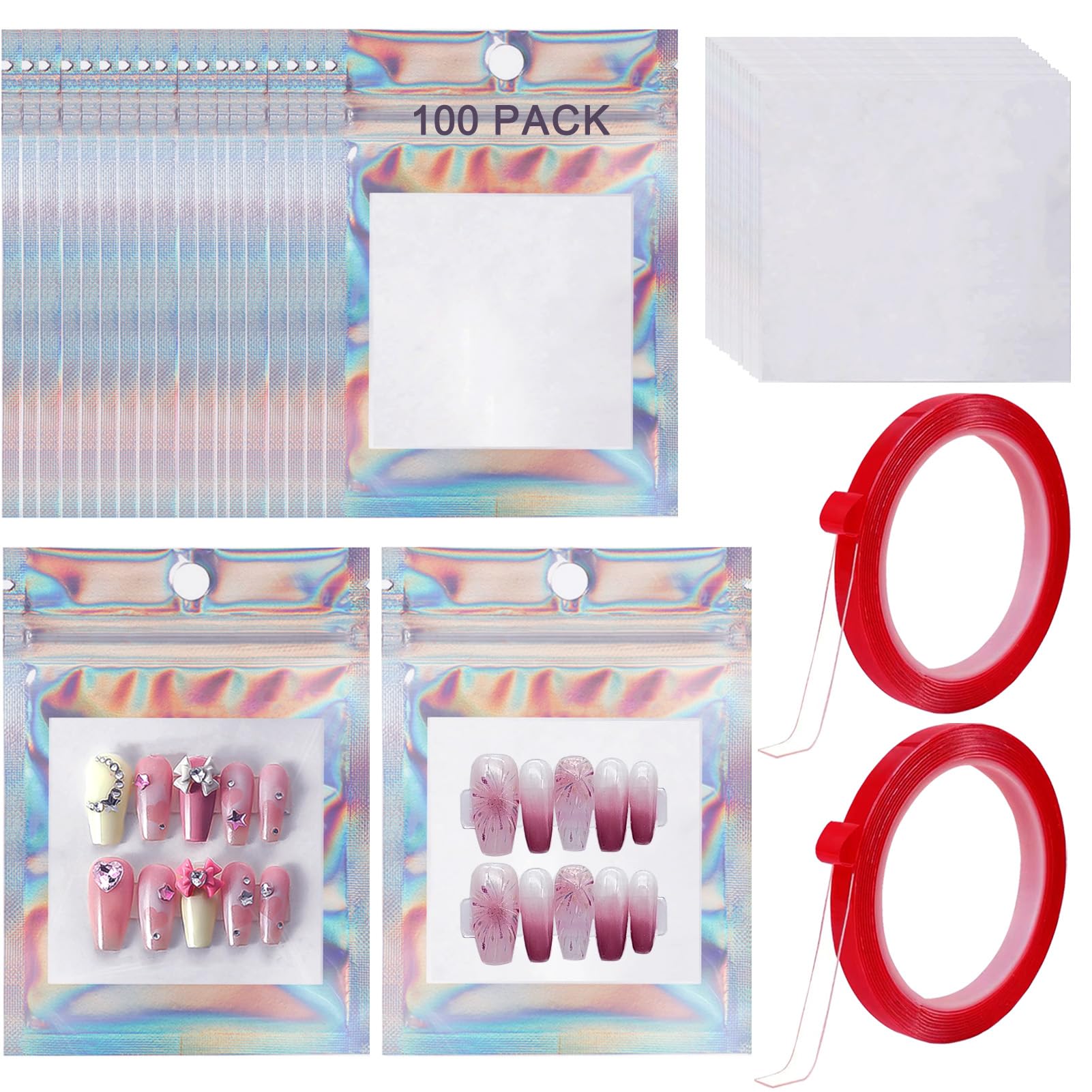Photo 1 of 100 PCS Press on Nail Packaging Bag for False Nail Tips Holographic Press On Nail Storage Bag 100 PCS White Card with 2 Roll Transparent Tape for Nail Display Fake Nail Storage Organizer Nail Supplies