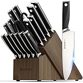 Astercook Knife Set, Kitchen Knives Set with Block and Sharpener Full Tang 17 Pcs German Stainless Steel Knives Sharp Blade Dishwasher Safe Premium Knife Set with Anti-slip Ergonomic Handle, Black