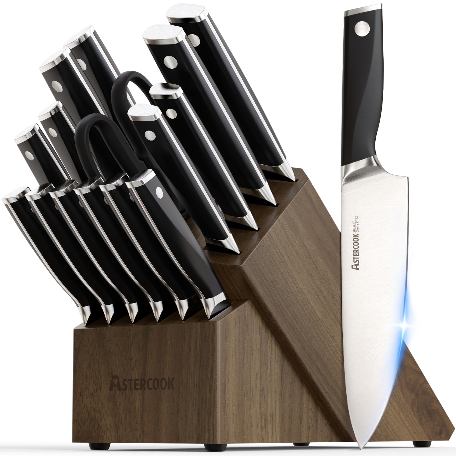 Photo 1 of Astercook Knife Set, Kitchen Knives Set with Block and Sharpener Full Tang 17 Pcs German Stainless Steel Knives Sharp Blade Dishwasher Safe Premium Knife Set with Anti-slip Ergonomic Handle, Black