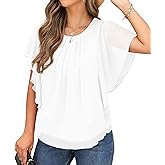QIXING Summer Casual Loose Round Neck Chiffon Flowy Tops Blouses for Women
