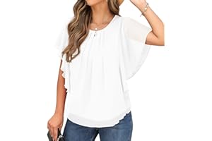 Qixing Summer Casual Loose Round Neck Chiffon Flowy Tops Blouses for Women