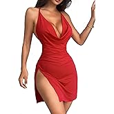 JOTWIS Women's Sexy Backless V Neck Mini Dress High Slit Club Night Out Party Cocktail Dresses