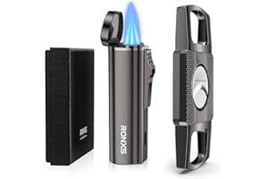 RONXS Cigar Lighter and Cutter Set, Adjustable Jet Flame Torch Lighter and Cigar Cutter, Windproof Cigarette Lighters, Great Gift Idea for Father's Day and Birthday (Butane Gas Not Included) (Black)