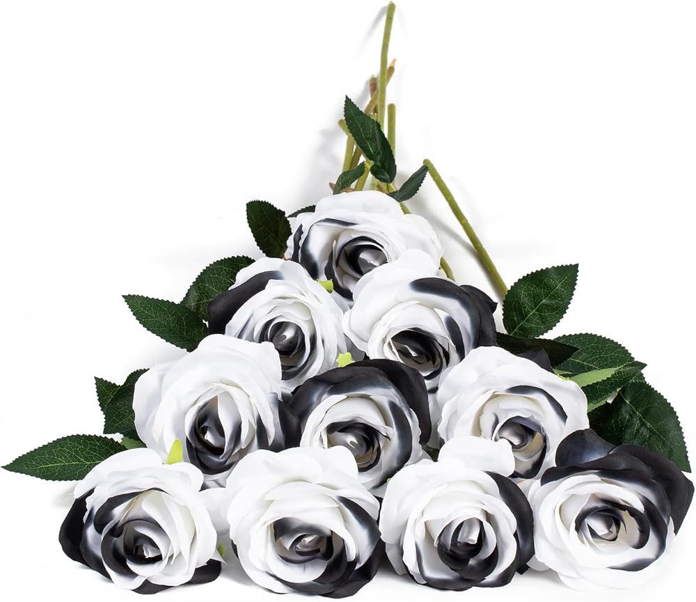 DuHouse 10Pcs Artificial Silk Roses Black Realistic Bridal Bouquet Stems