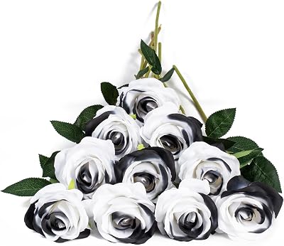 DuHouse 10Pcs Artificial Silk Roses Black Realistic Bridal Bouquet Stems