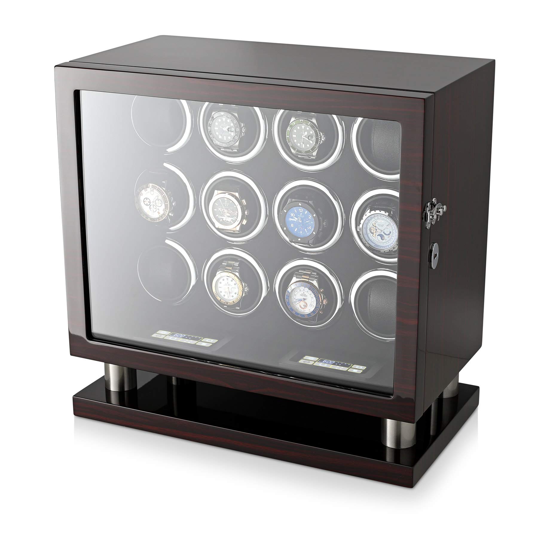 12 Watch Winder for Automatic Watches with LED Light and LCD Touchscreen Control (Ebony + Black)