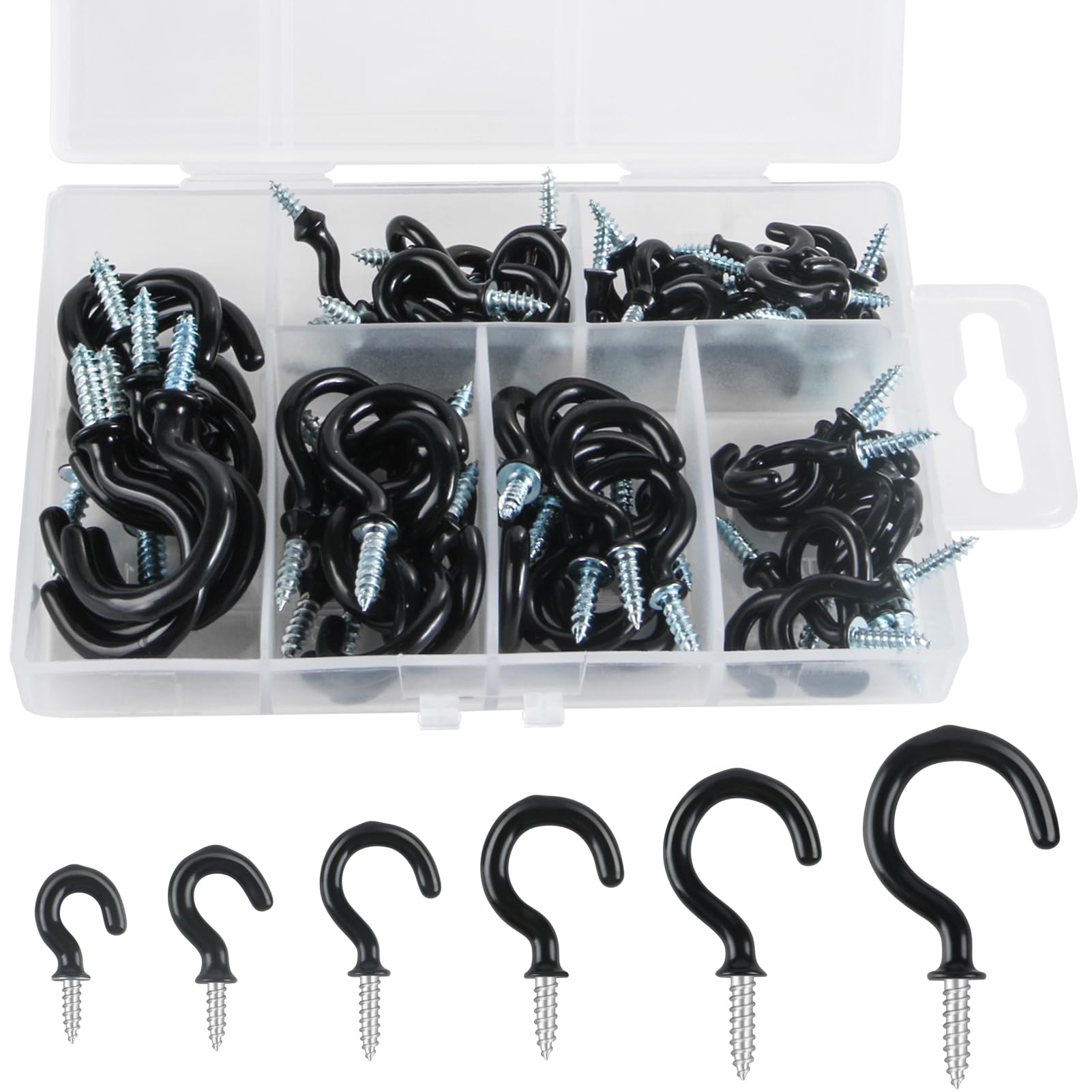 75PCS Black Hooks for Hanging Ceiling Screw in Hooks, Metal Ceiling Hooks Multipurpose Vinyl Coated Screw-in Wall Hooks for Hanging Plants, Cups, Utensils, Lights and for Indoor & Outdoor Use