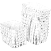 Drephia 12 Pack Rectangular Plastic Storage Baskets, Storage Weave Baskets for Pantry, Shelves Organizer, White