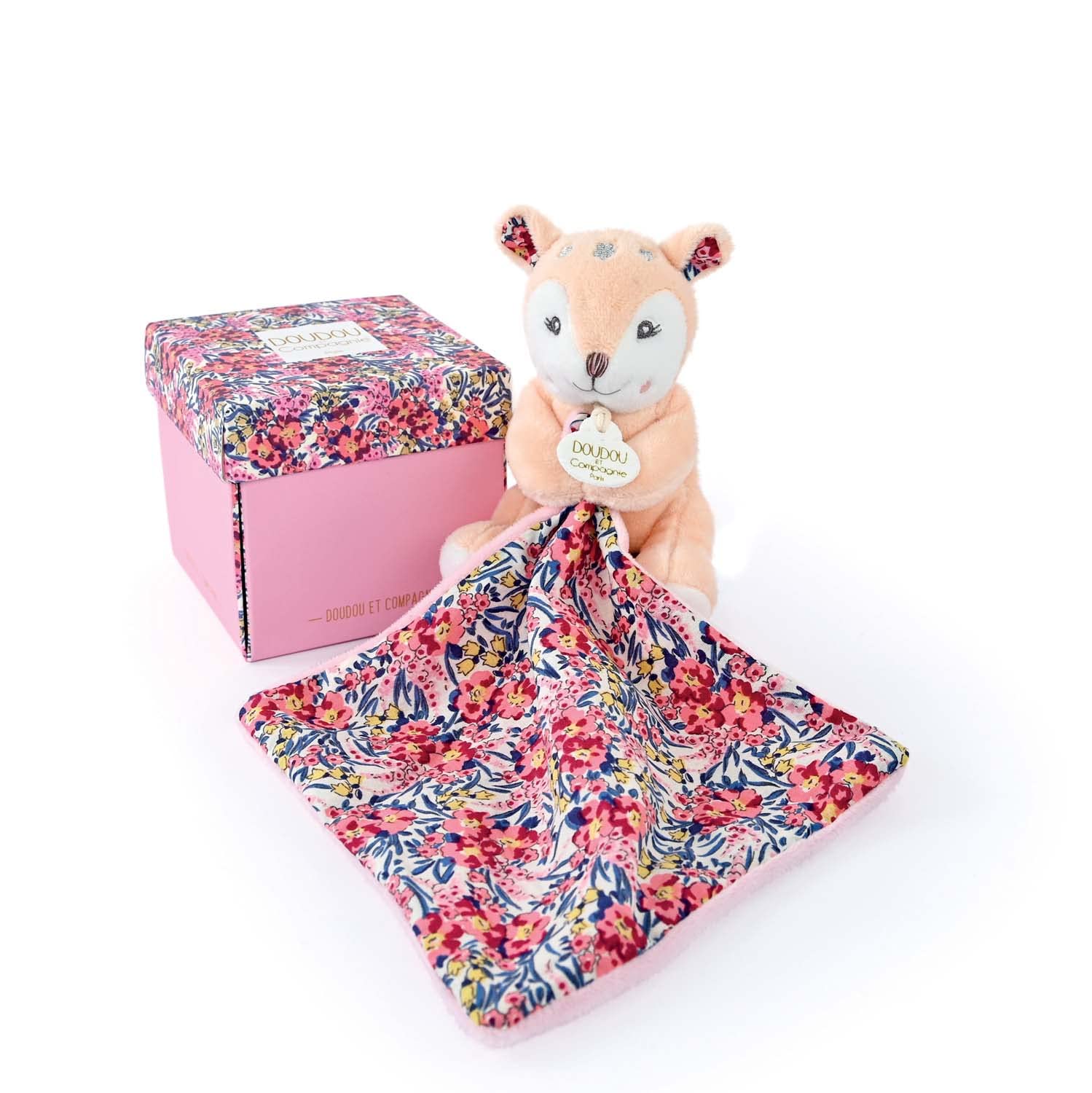 Doudou et Compagnie Boh'Aime DC4017 Pantin Fawn with Cuddly Toy - Flower Shaped Box - Beige - 12 cm - Birth Gift Idea for Girls and Boys
