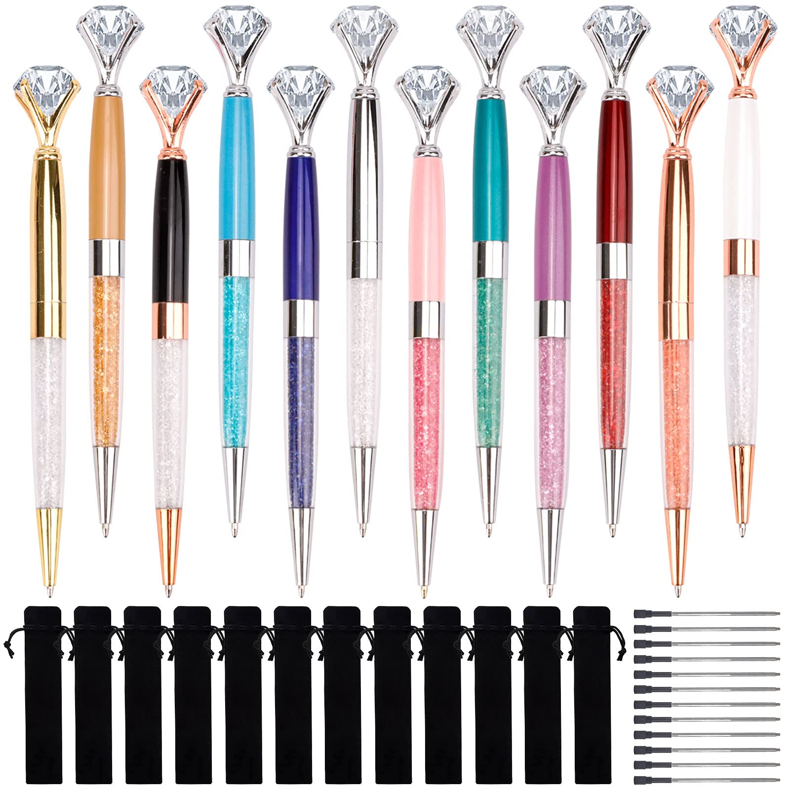 Chostky Crystal Diamond Retractable Metal Rhinestone Pen Set with 12 Black Ink Refills and Drawstring Bags for School and Office Supplies, Wedding Gift