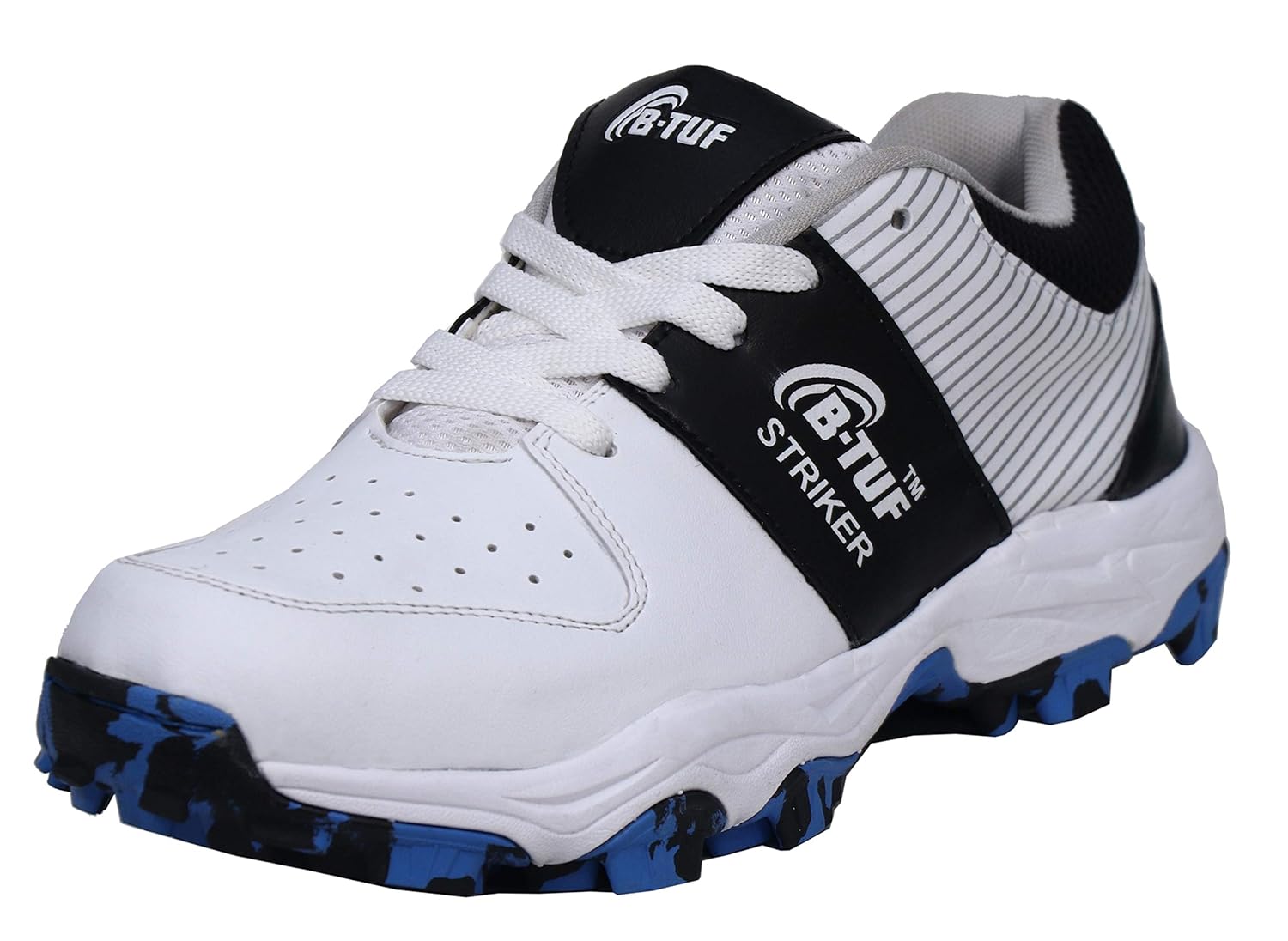 BTUF Striker Cricket Shoes/Studs Rubber Spikes Unisex (White/Blue