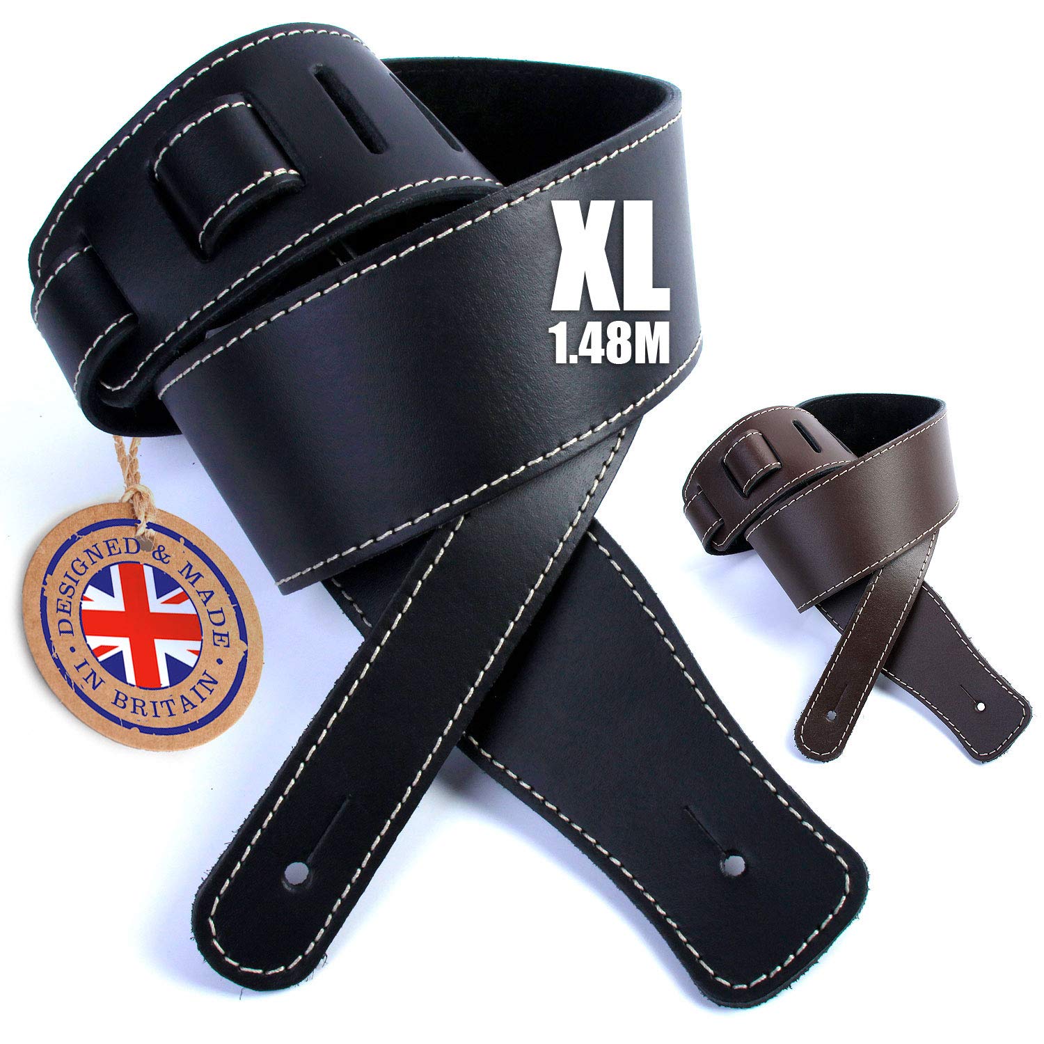 British Handmade Real Leather Guitar Strap: Finest Deluxe Italian Nappa Leather, 1.48m XL long Guitar Belt - Suits Electric, Bass or Acoustic Instruments (inc Semi/Electro)