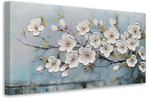 Anolyfi White Textured Flowers Wall Art for Living Room Canvas Painting, Modern Elegant Landscape Wall Art for Dining Room Bedroom Hallway Kitchen Office Home 40"x20"