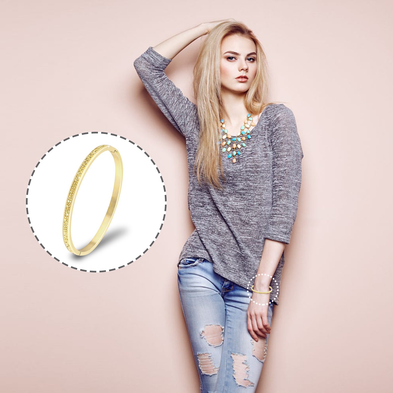 UHIBROS, Fashion Jewelry Women‘s Bracelet Wristband Bangle Stainless Steel Gem Metal (Gold)