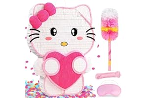 PARDECOR Large Pink Cat Pinata - Includes 24" Bat Stick, Eye Mask, Rope - Cute Love Heart Design for Girls' Birthday Party Cat-Themed Event