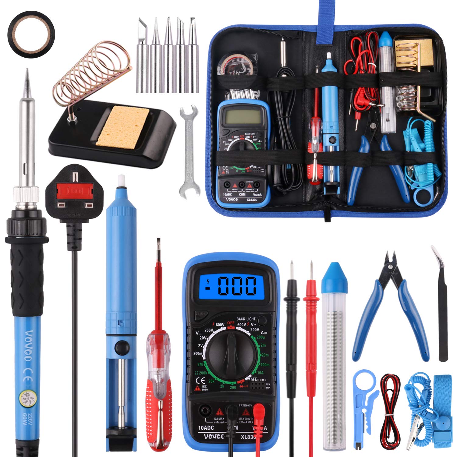 Soldering Iron Kit,WOWGO 60W Adjustable Temperature with Digital Multimeter,5 Soldering Tips,Soldering Iron Stand,Tin Wire Tube,Desoldering Pump and Portable PU Tool Bag
