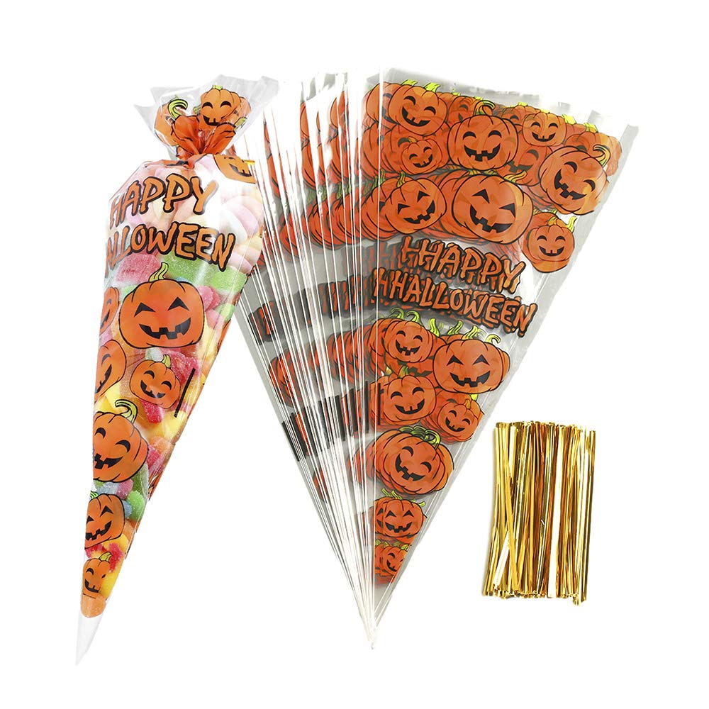 RFWIN 100Pcs Pumpkin Cone Bag Halloween Clear Cellophane Treat Bags, Party Favor Bags with Gold Twist Ties for Candy Cookies