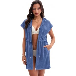 Navisting Terry Cloth Swim Cover Up for Women Hooded Zip Front UPF 50+ | Absorbent terry cloth with adjustable waist and side