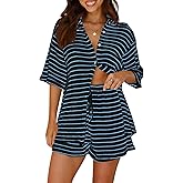 Tankaneo Womens Striped 2 Piece Sets Short Sleeve Button Down Shirt and Shorts Waffle Knit Pajama Lounge Set Summer Outfits