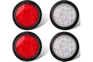 KONRALI 4Pcs 4 Inch Round LED Tail Lights - 4 Inch Round Trailer Led Stop Turn Brake Tail Backup Reverse Fog Lights 12 LED Rubber Grommets and 3 Prong Wire Pigtails Included for Trucks RV (2 RED+2 WHITE)