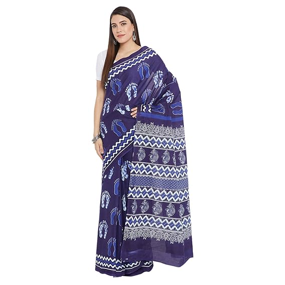 Finest Quality Cotton Handprinted Saree with Blouse Piece-Navy Blue RDSWSA0089 Traditional