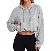 Remidoo Women's Drawstring Cropped Hoodie Pullovers Bubble Hem Sweatshirt | Adjustable Hooded, Long Sleeve, Kangaroo Pocket, Ribbed Cuffs, Lightweight, Dailywear, Casual