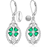 St Patricks Day Earrings Shamrock Earrings for Women Sterling Silver Four Leaf Clover Celtic Claddagh Green Irish Shamrock Dangle 4 Leaf Clover Jewelry Lucky Gifts