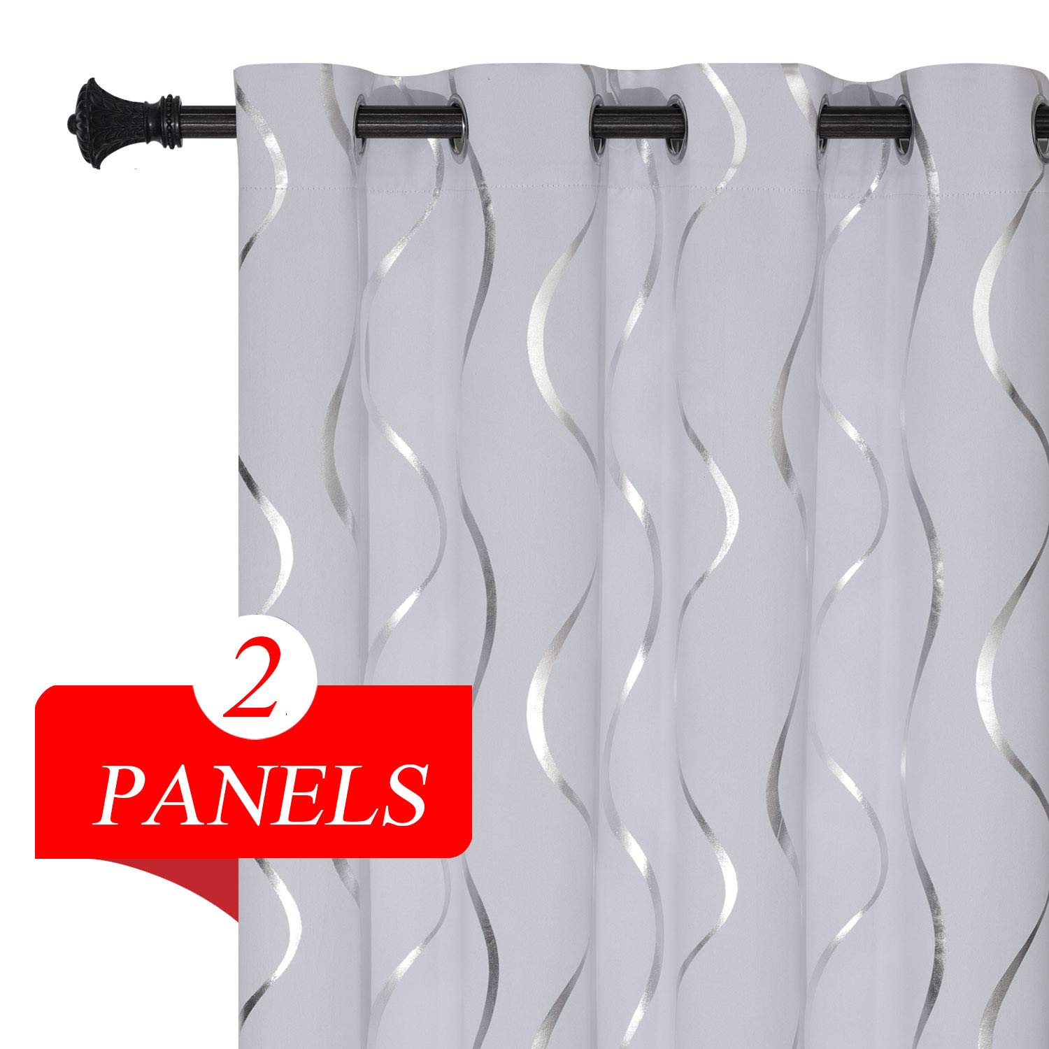 Estelar Textiler Curtains 84 Inch Long Room Darkening Curtains Wave Printed Grommet Drapes Blackout Thermal Insulated Curtains for Bedroom Greyish White 52W by 84L One Pair