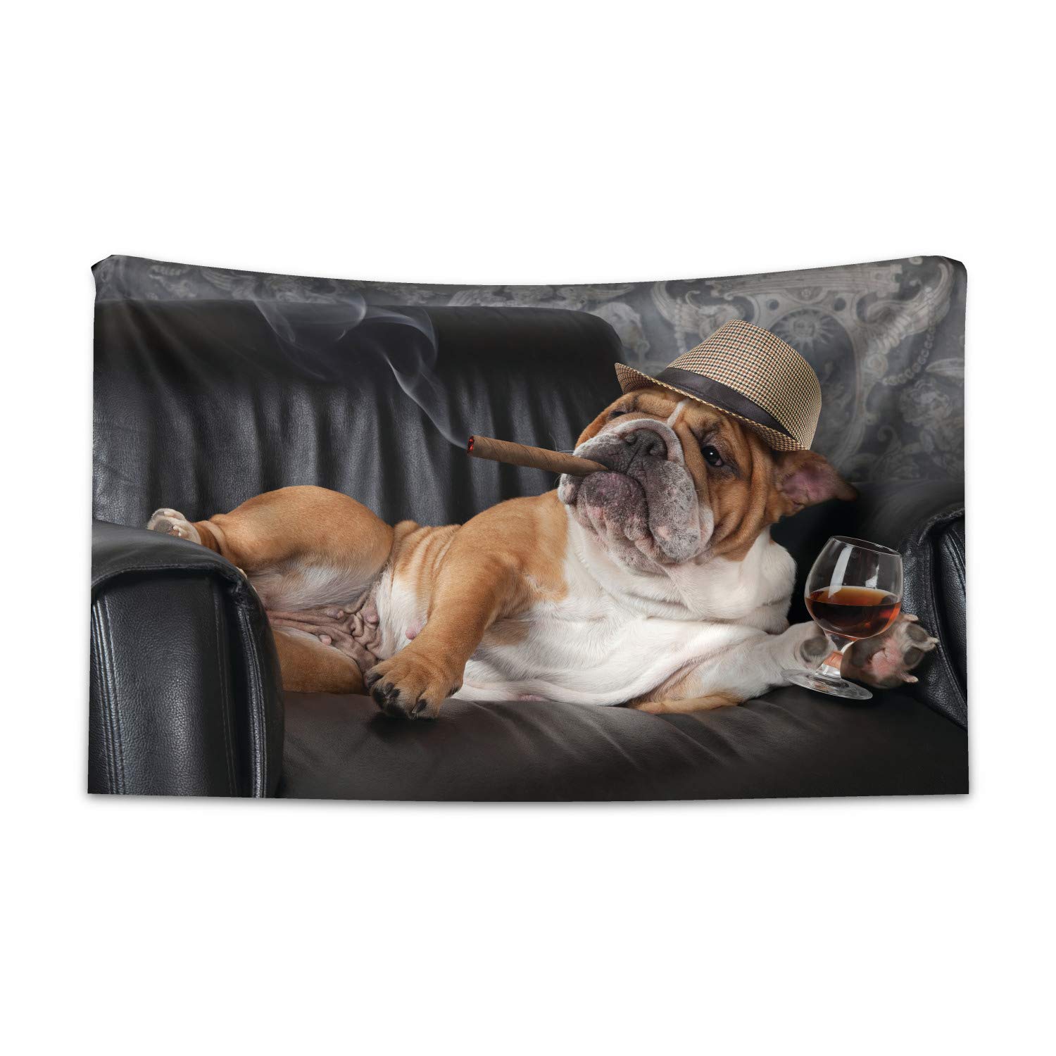 ABAKUHAUS Bulldog Tapestry, Humorous Photo of a Gentleman Dog Resting in Chair Drink Glass and Cigar, Fabric Wall Hanging Decor for Bedroom Living Room Dorm, 230 x 140 cm, Black Brown