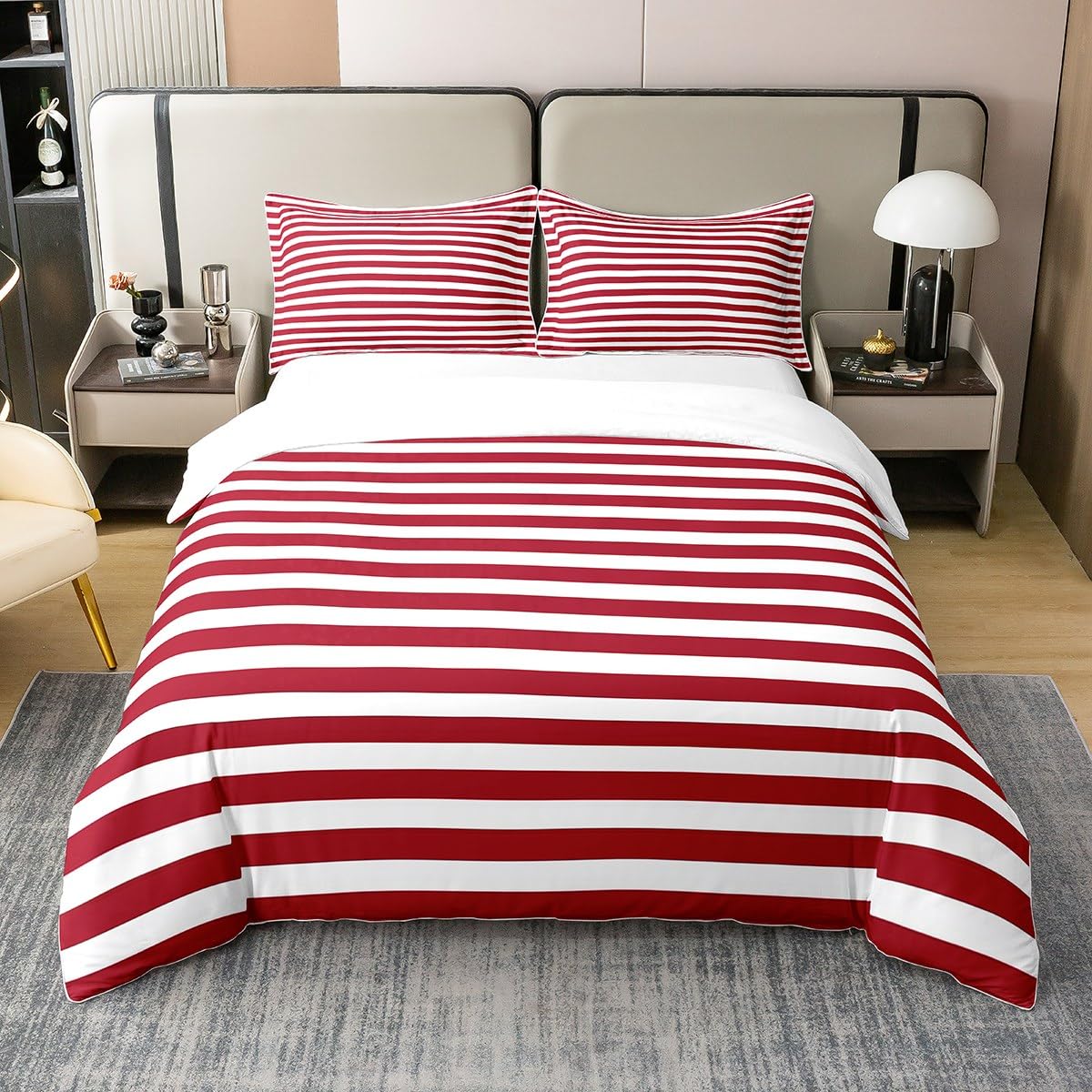 100% Cotton Girl Stripe Duvet Cover Double Red White Ticsuper King Stripes Bedding Set Bedroom Decor Horizontal Striped Lines Comforter Cover for Kids Women Modern Abstract Comfy Quilt Cover
