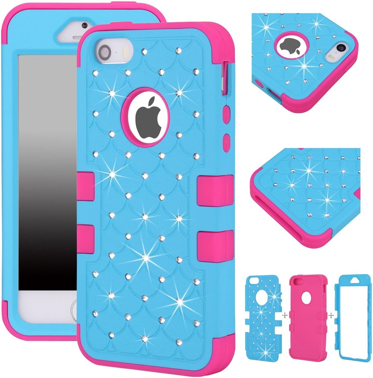 Majesticase Case Compatible with iPhone 5/5S Case - 3 Layers Diamante Bling Crystals Full Body Hybrid Armor Protection Cover + FREE Stylus in Blue/Hot Pink