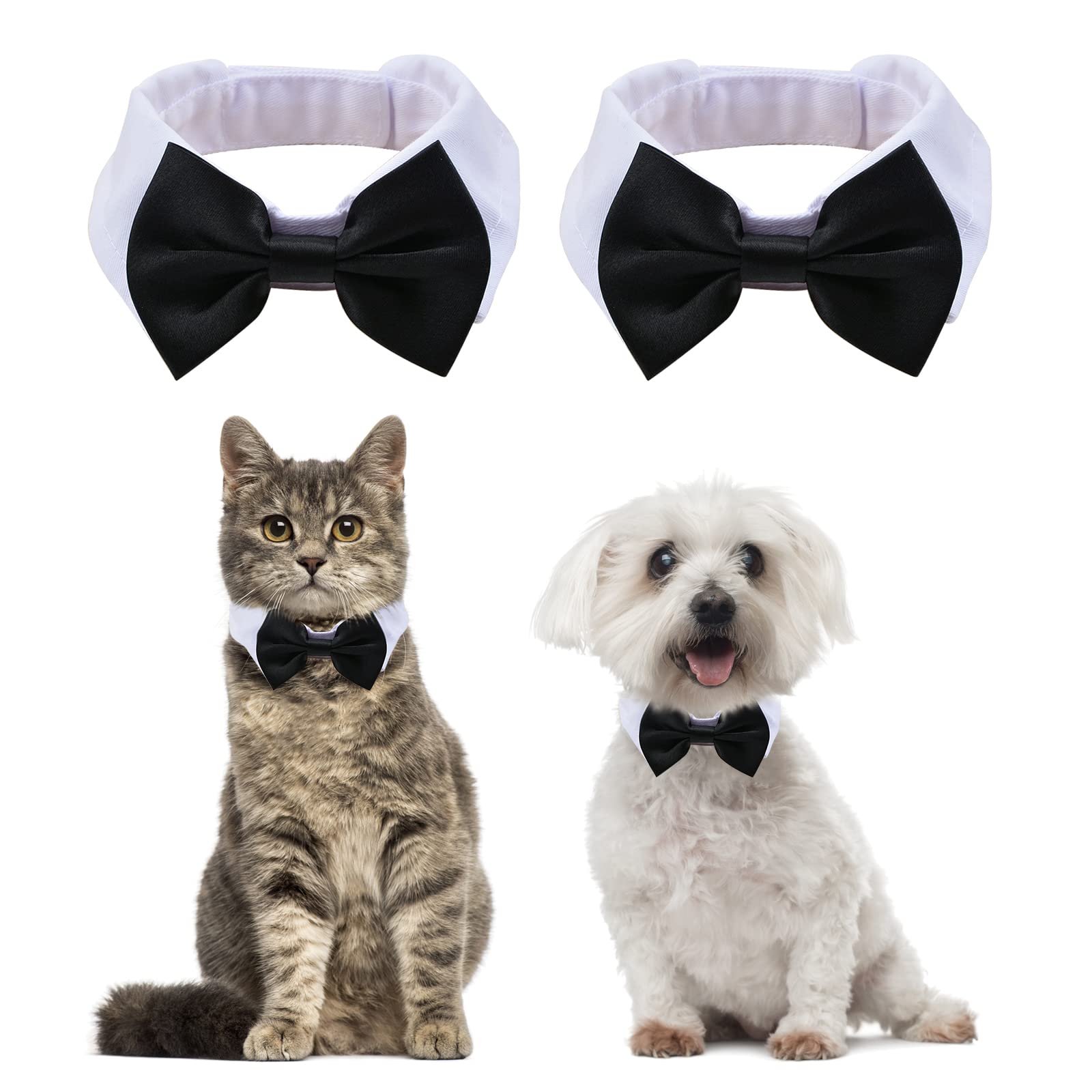 HACRAHO Formal Pet Bowtie Collar, 2 PCS White Black Dog Formal Bow Tie Pet Costume Collar with Bowtie for Small Dogs Cats Puppy Wedding Birthday Party, S